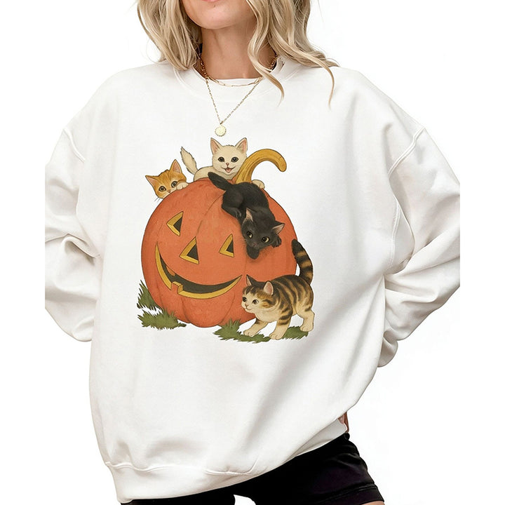 Vintage Halloween Cat Print Crewneck Sweatshirt
