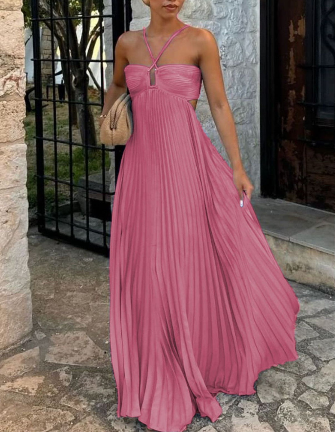 Ladies Back Tie Halter Pleated Beach Sundress