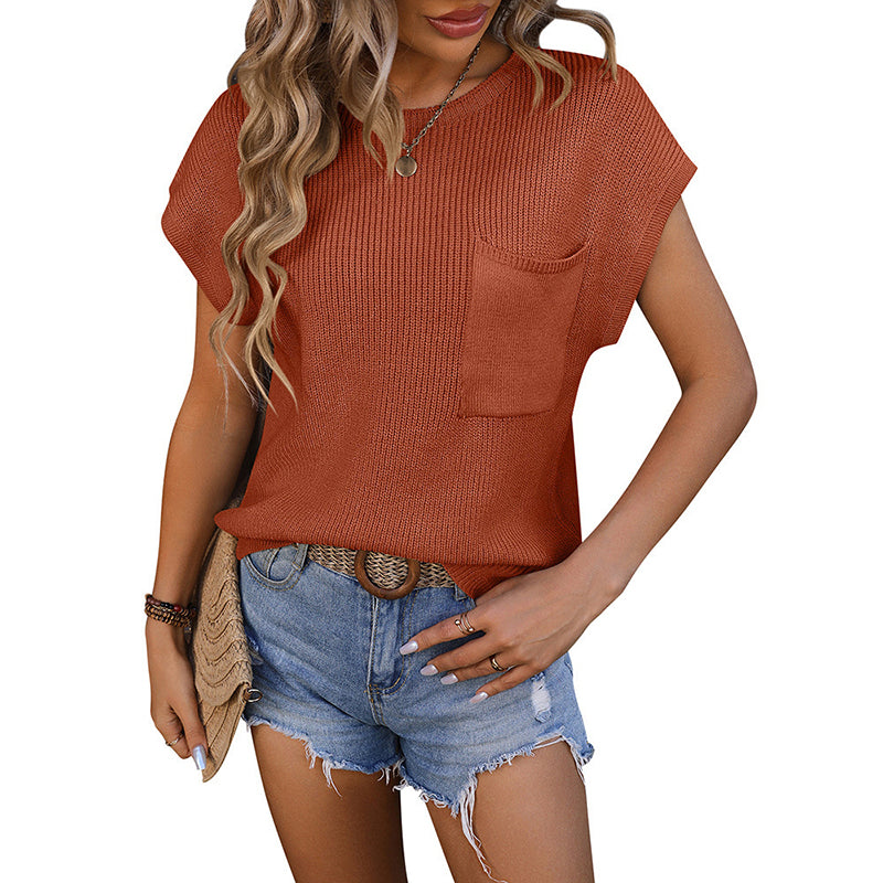 Short Sleeve Crew Neck Pocket Detail Sweater Top