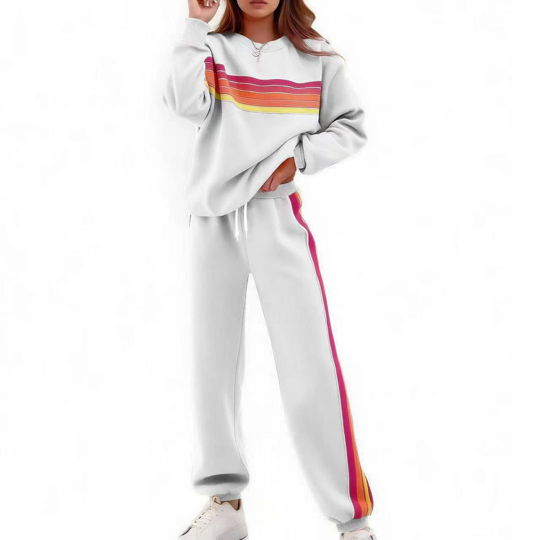Crew Neck Color Stripe Sweatshirt Jogger Set