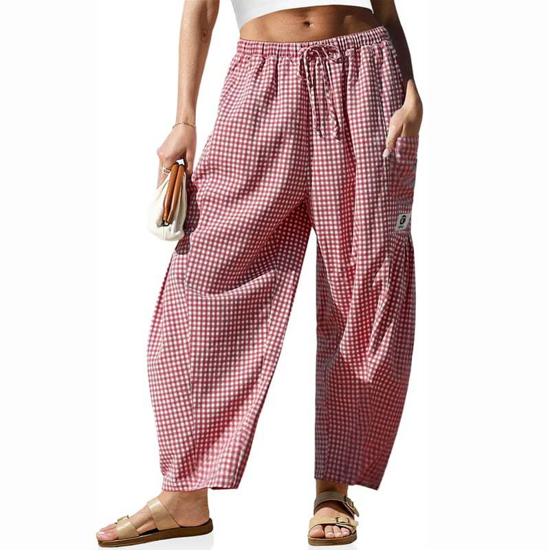 Linen Plaid Wide Leg Casual Pants