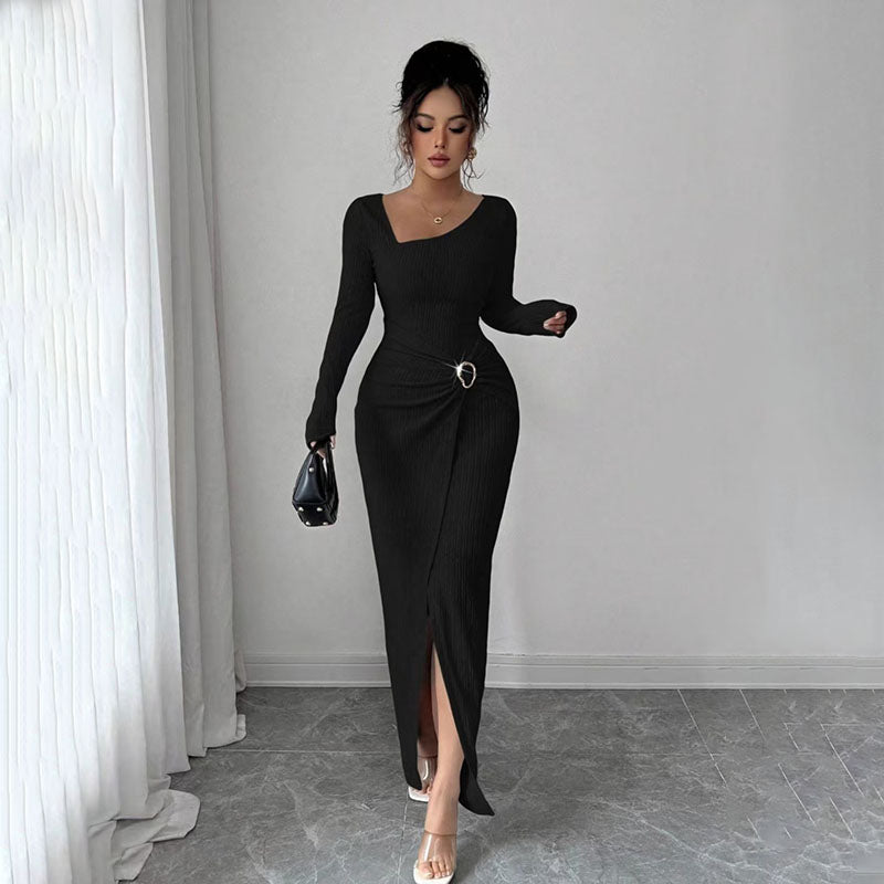 Asymmetrical neckline fitted slit dress