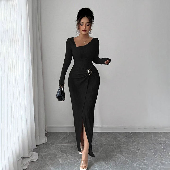 Asymmetrical neckline fitted slit dress