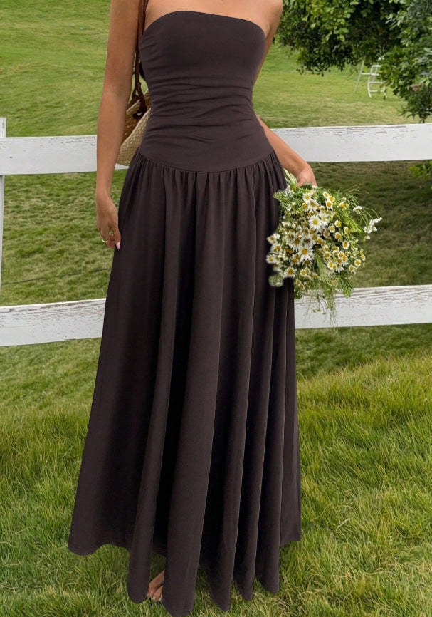 Solid-color strapless ruched dress