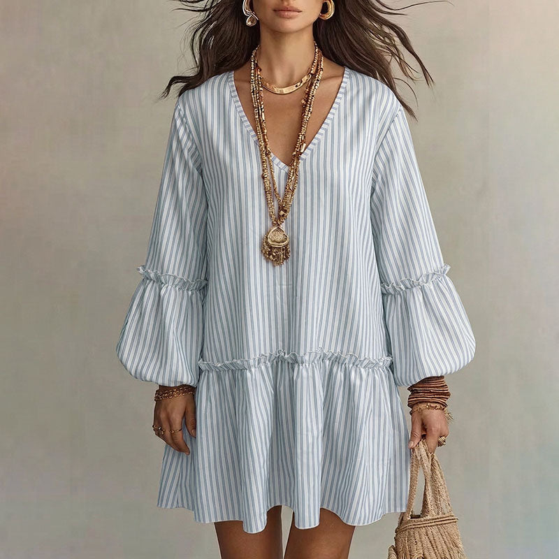 V-neck striped ruffle lantern sleeve dress