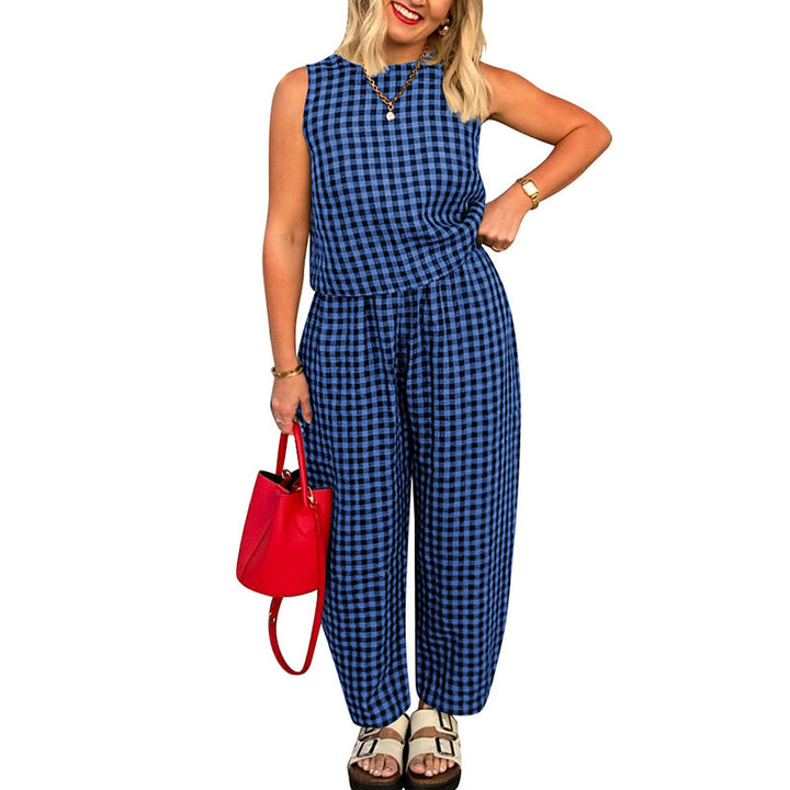 Plaid Sleeveless Top and Trousers Set