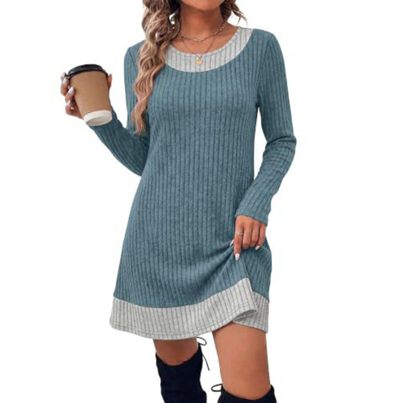 Plaid patchwork ribbed long-sleeved dress