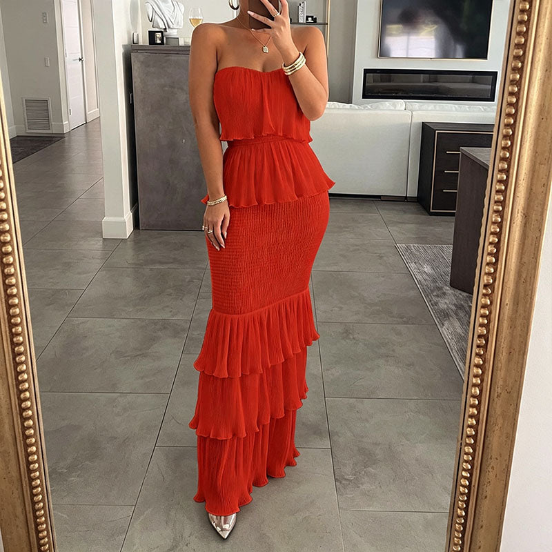 Fitted strapless tiered-ruffle dress
