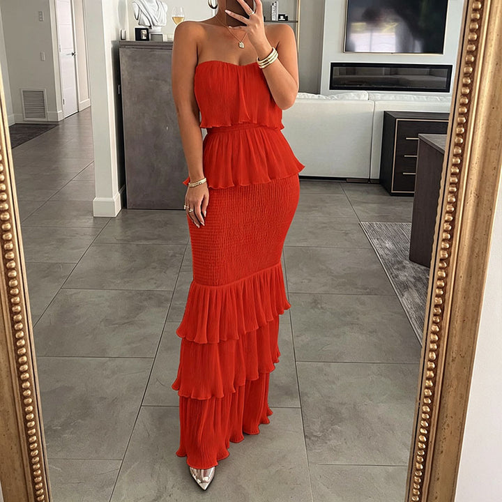 Fitted strapless tiered-ruffle dress