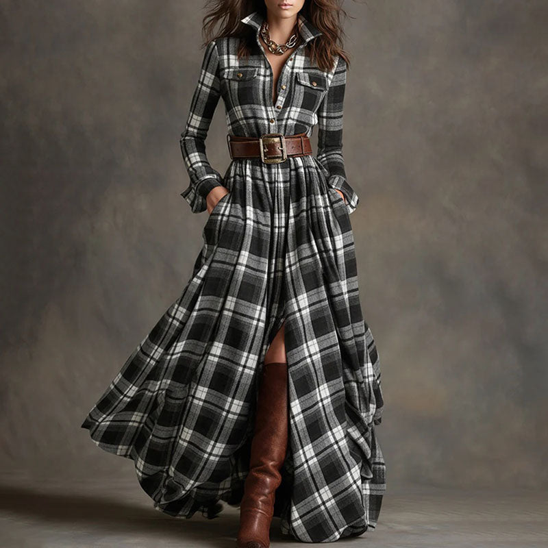Vintage-style plaid long-sleeve dress