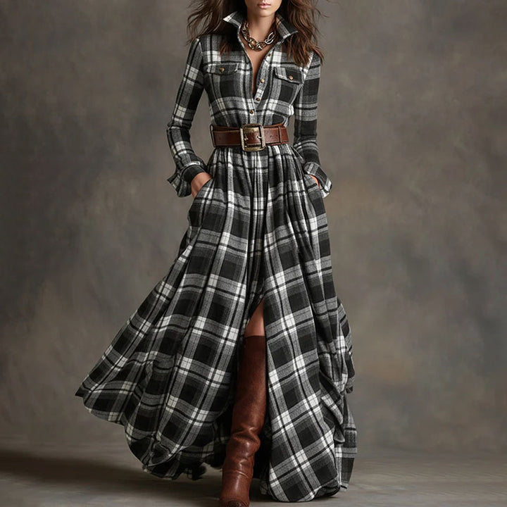 Vintage-style plaid long-sleeve dress