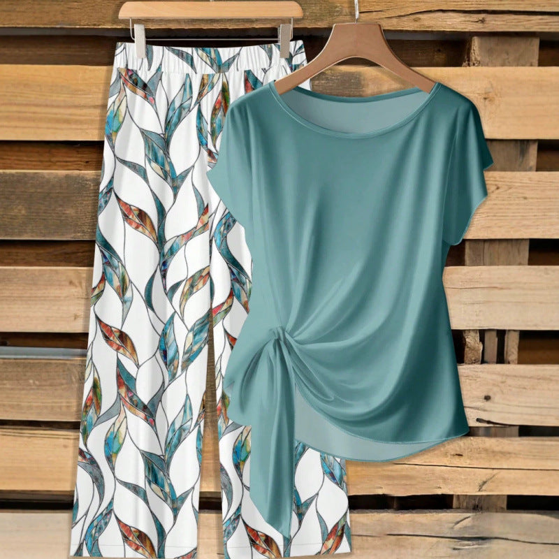 Round Neck Tie Front Two Piece Outfit