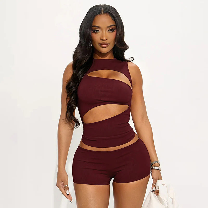 Form-fitting cut-out sleeveless top and shorts set