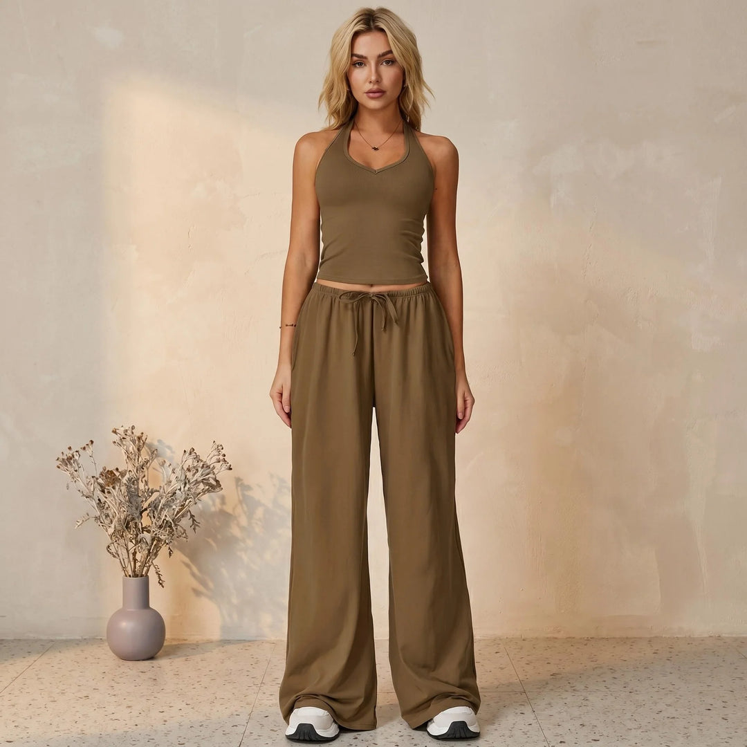 Halter-neck sleeveless cropped top and drawstring wide-leg pants set
