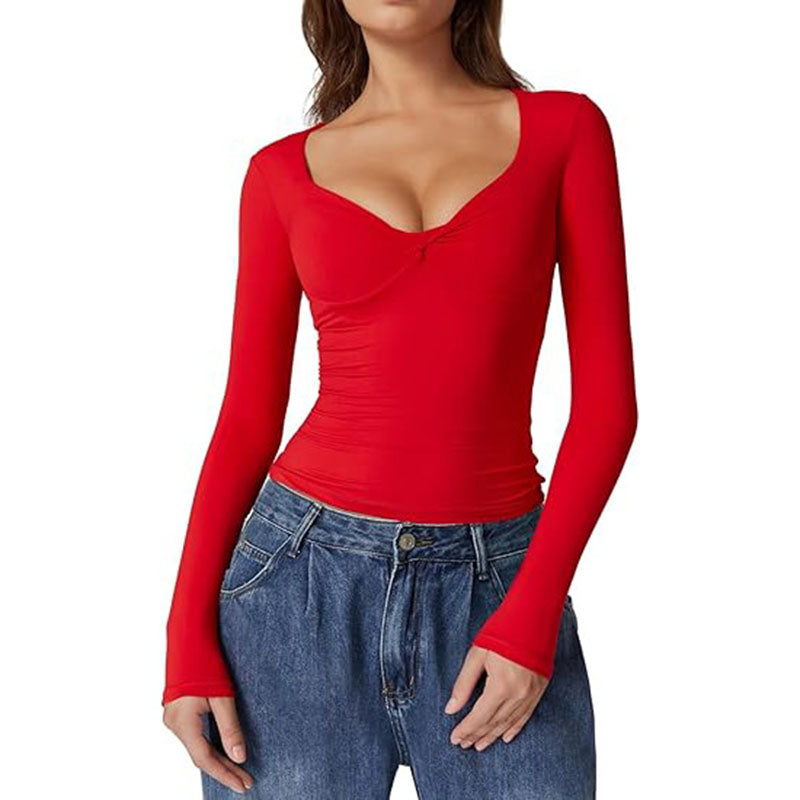 Sweetheart-neck ruched long-sleeve fitted top