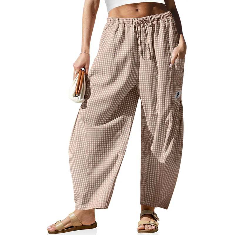 Linen Plaid Wide Leg Casual Pants