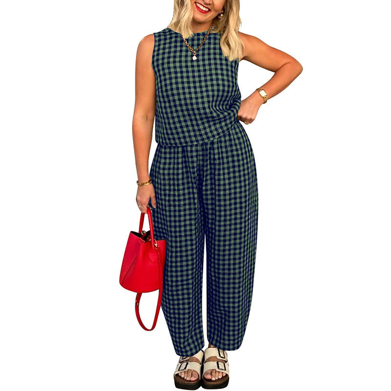 Plaid Sleeveless Top and Trousers Set