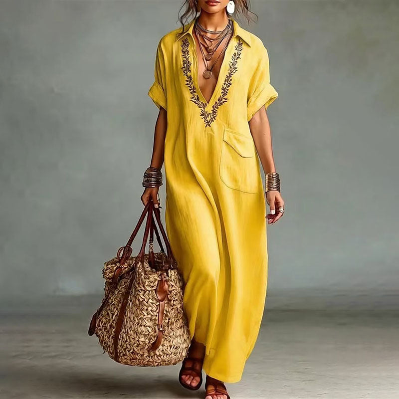 Collared short-sleeved V-neck loose dress