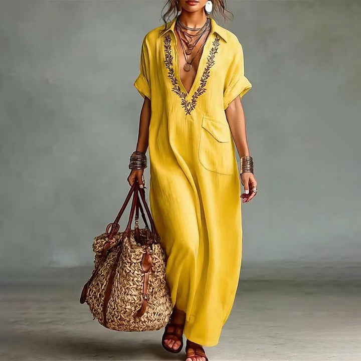 Collared short-sleeved V-neck loose dress