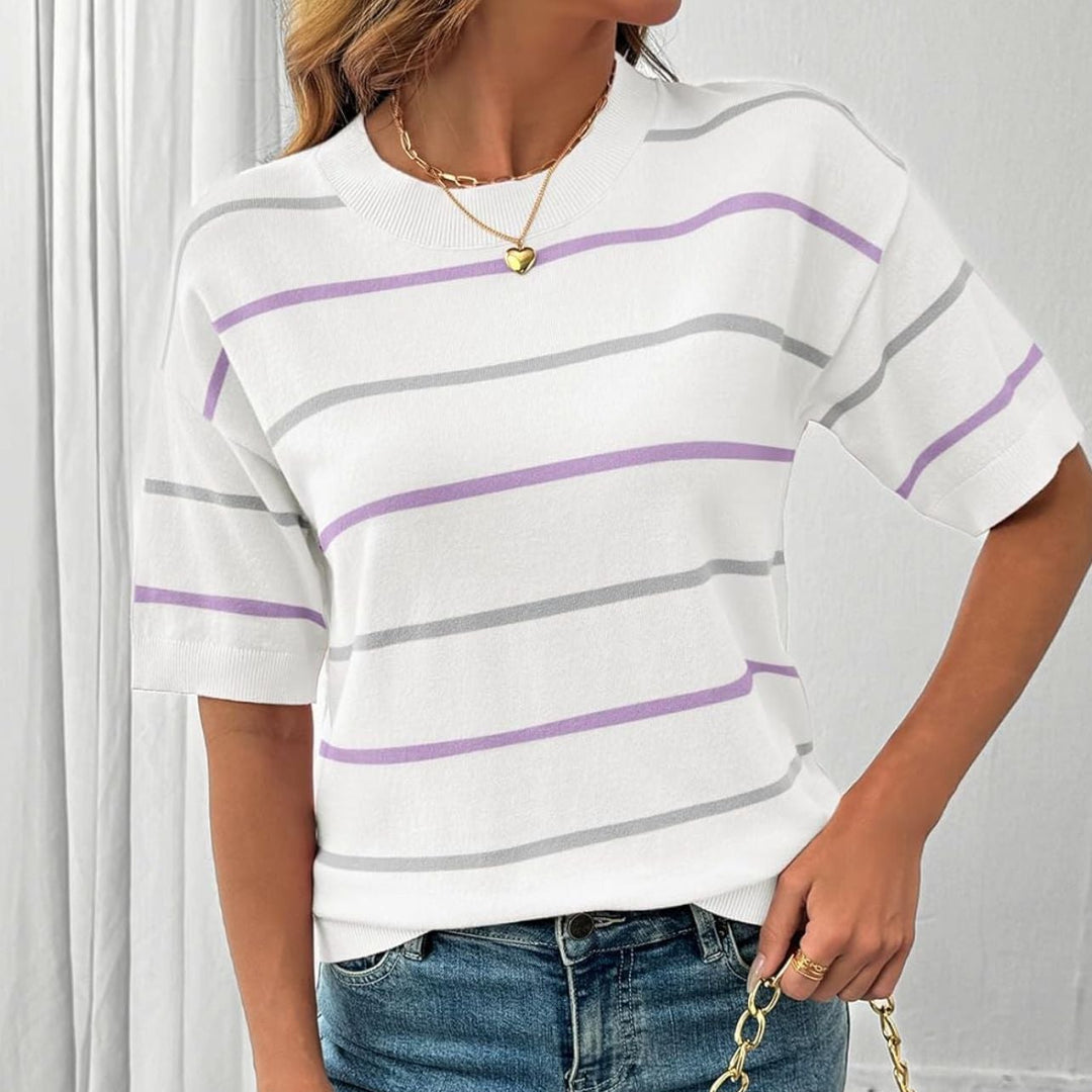 Crew Neck Color Block Stripe Knit Tee