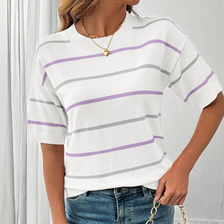 Crew Neck Color Block Stripe Knit Tee