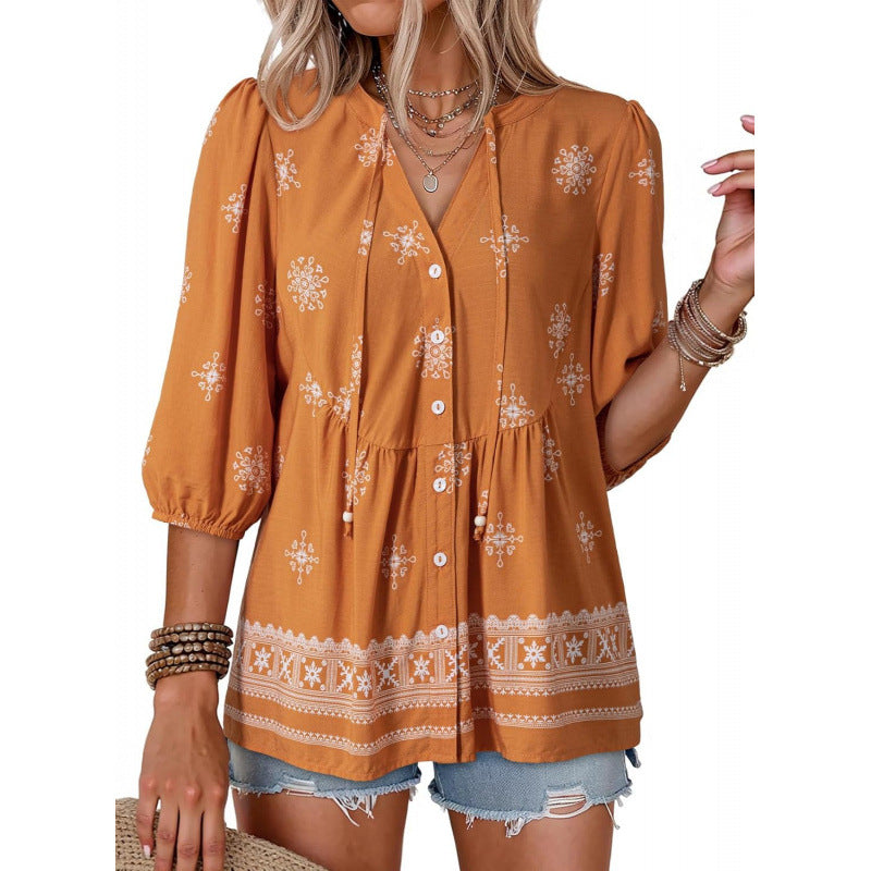 Floral V Neck Button Down Tunic Blouse