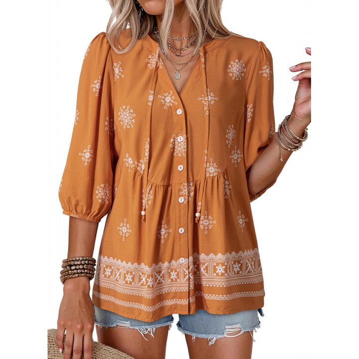 Floral V Neck Button Down Tunic Blouse
