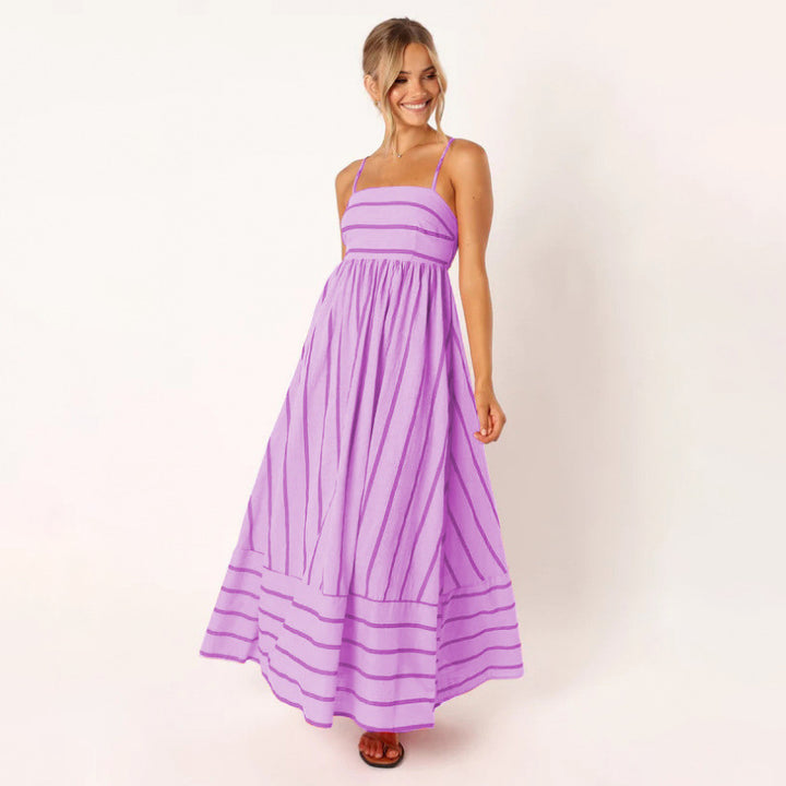 Striped Backless Spaghetti Strap Flowing Maxi Dress
