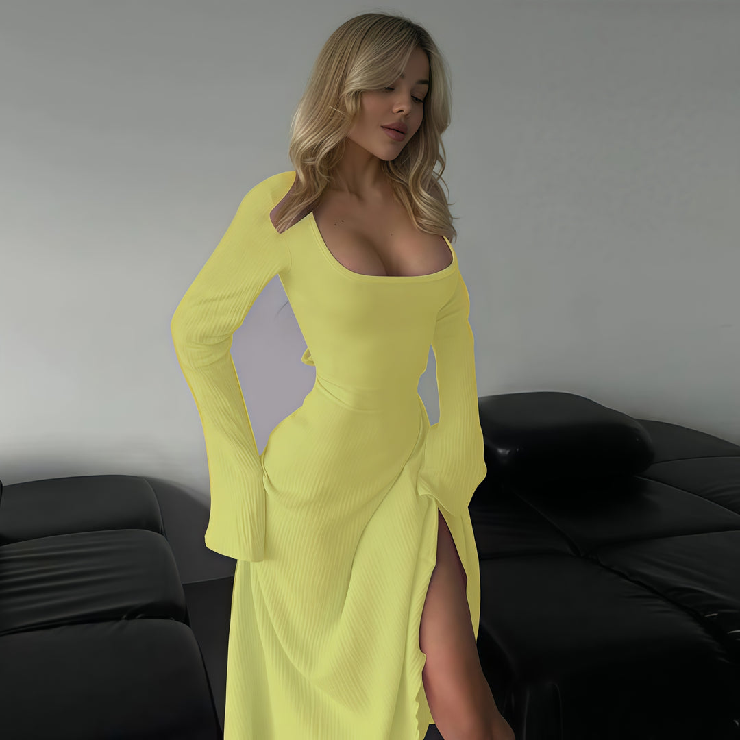 Elegant Square Neck Long Sleeve Lace-Up A-Line Maxi Dress