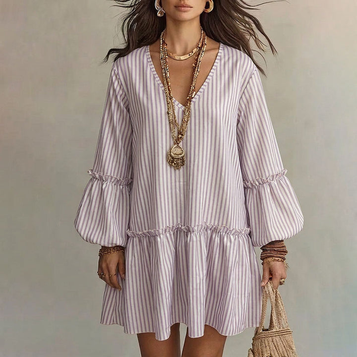 V-neck striped ruffle lantern sleeve dress