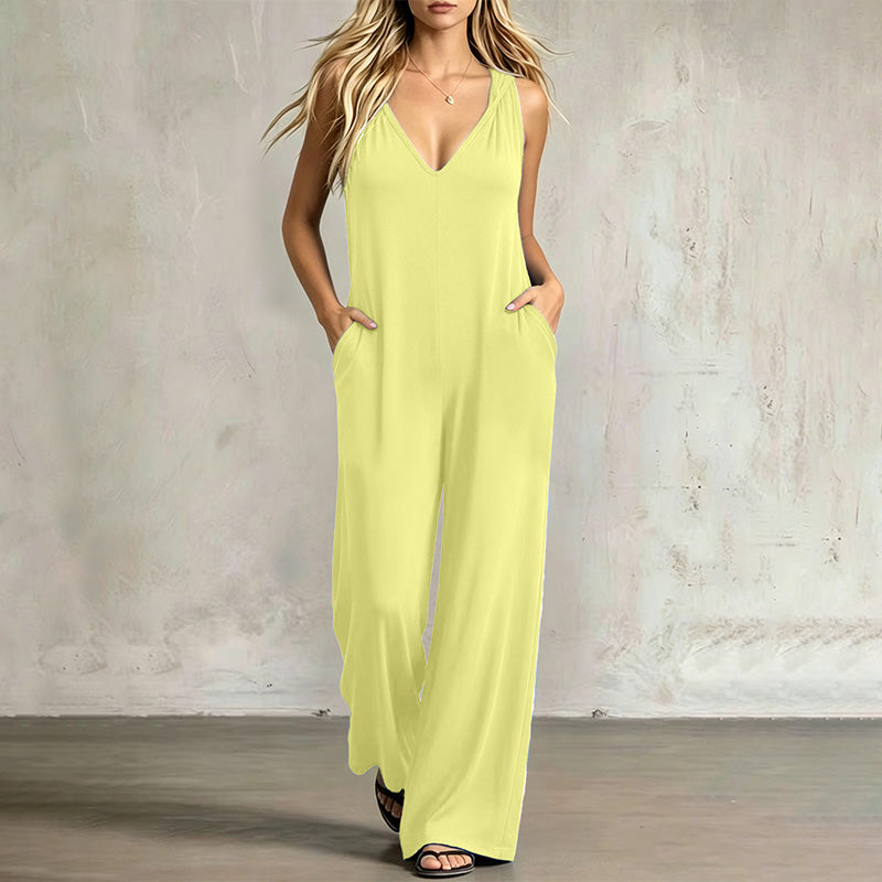 Solid-color V-neck hooded jumpsuit