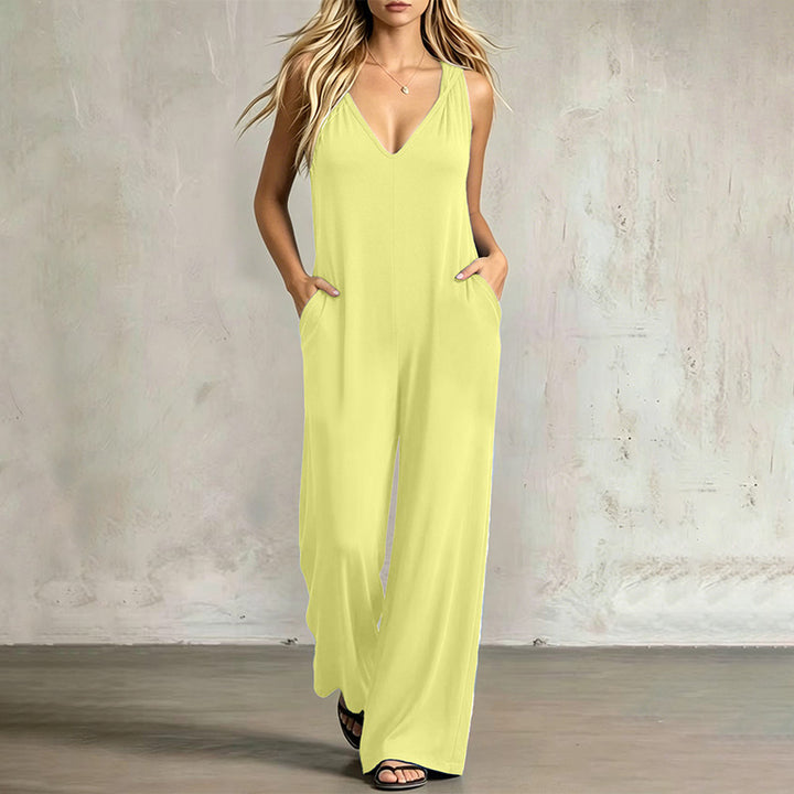 Solid-color V-neck hooded jumpsuit