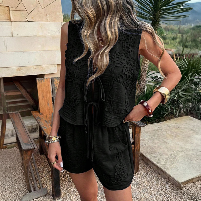 V-neck sleeveless tie-front top and shorts set