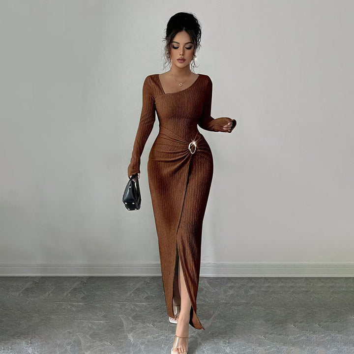 Asymmetrical neckline fitted slit dress