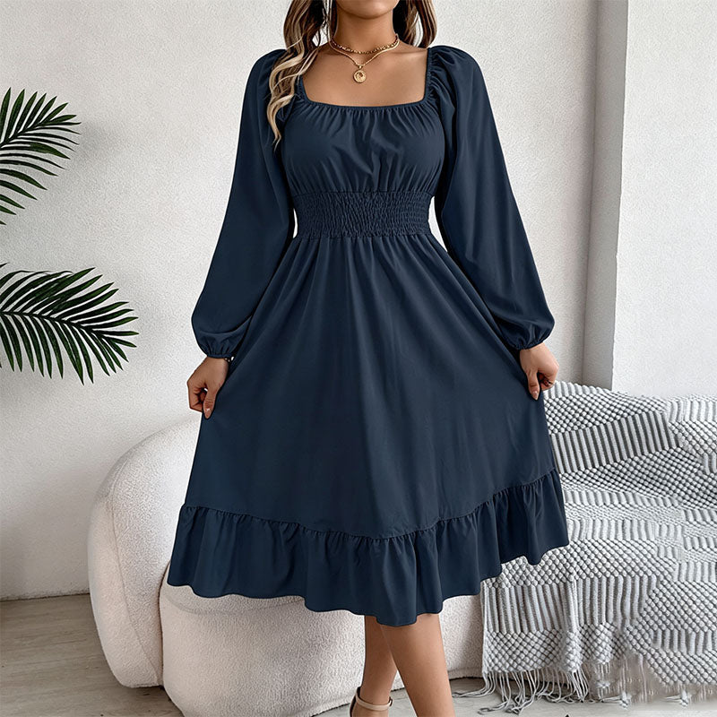 Square neck puff sleeve pleated dress