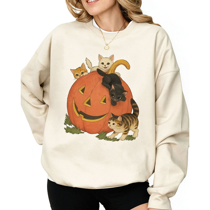 Vintage Halloween Cat Print Crewneck Sweatshirt