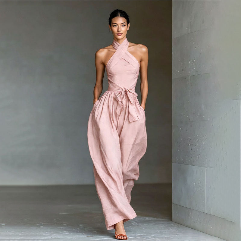 Front crossover halter wide-leg jumpsuit