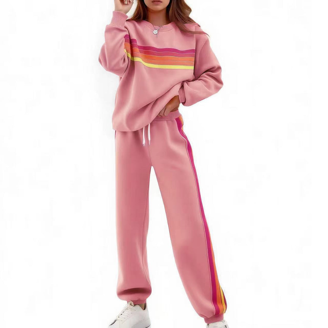 Crew Neck Color Stripe Sweatshirt Jogger Set