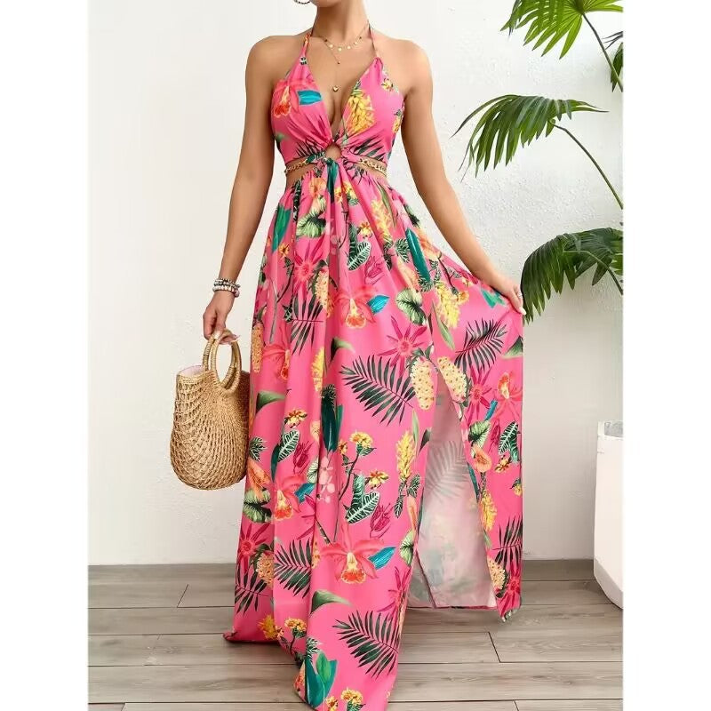 Open-back printed camisole dress with side slit