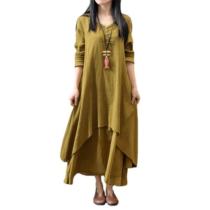 Faux-layered long-sleeved linen maxi dress