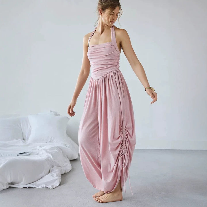 Summer New Ruched Waist Tie-Back Halter Neck Wide Leg Jumpsuit