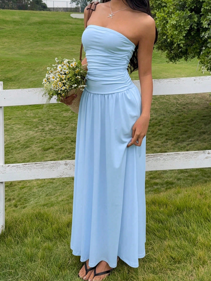 Solid-color strapless ruched dress