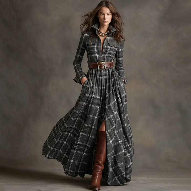 Vintage-style plaid long-sleeve dress