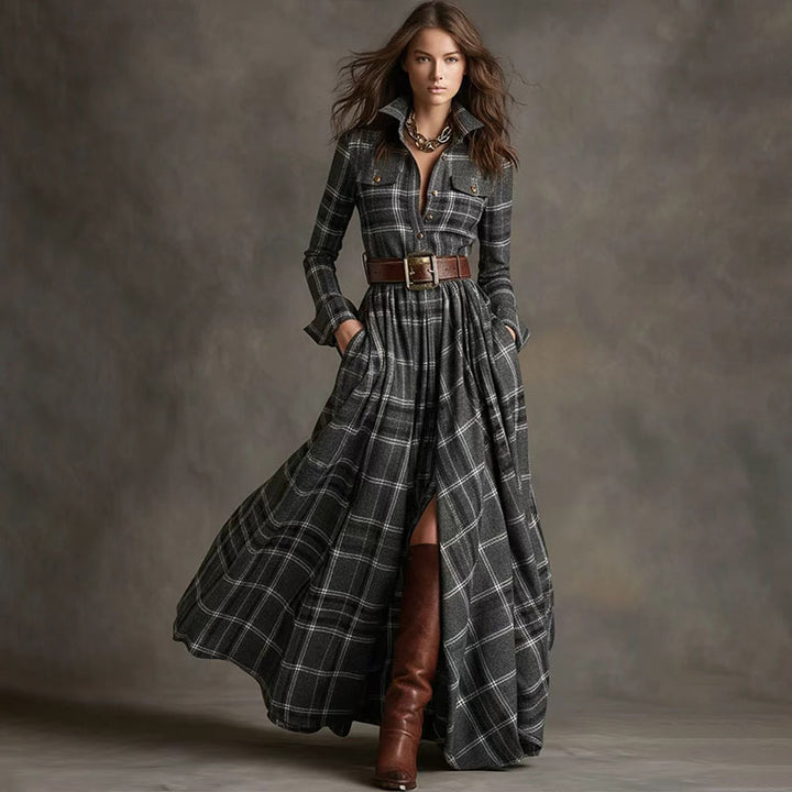 Vintage-style plaid long-sleeve dress