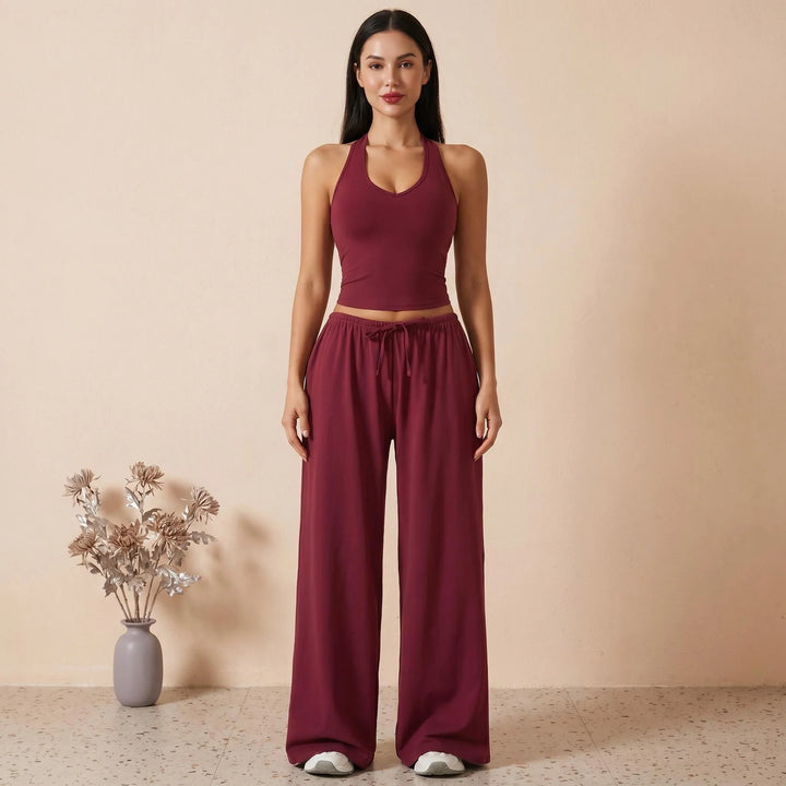 Halter-neck sleeveless cropped top and drawstring wide-leg pants set
