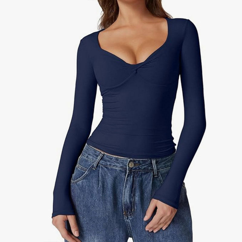 Sweetheart-neck ruched long-sleeve fitted top
