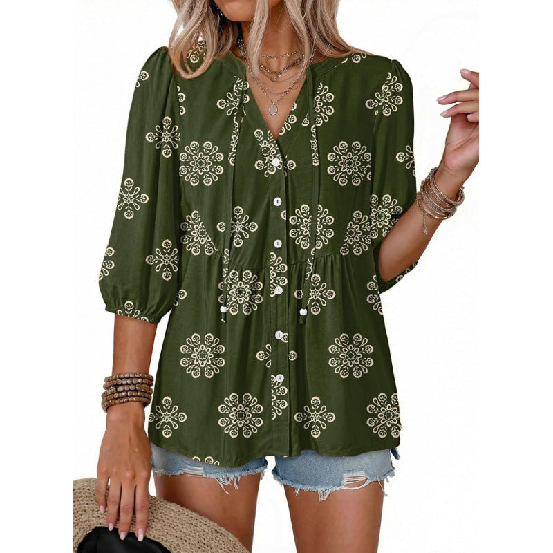 Floral V Neck Button Down Tunic Blouse