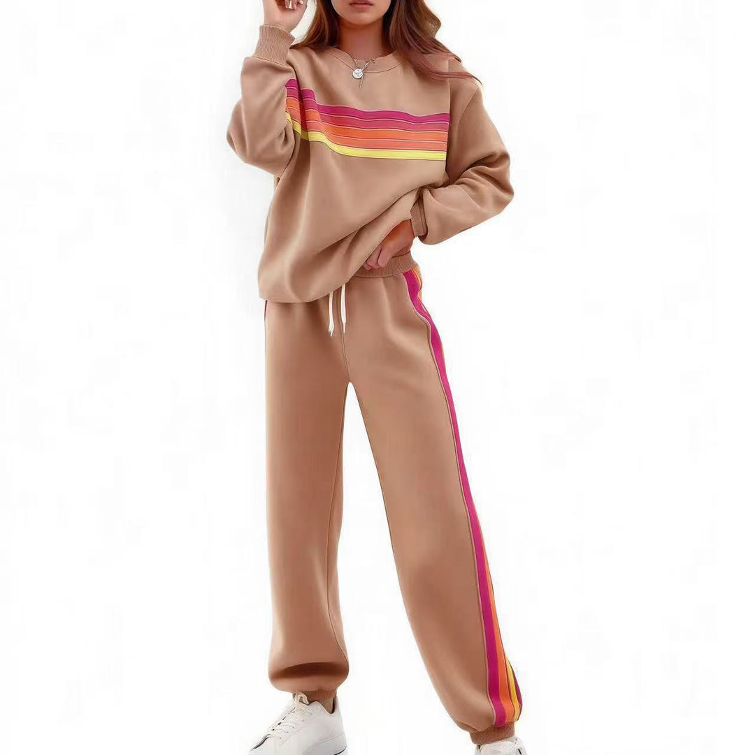 Crew Neck Color Stripe Sweatshirt Jogger Set