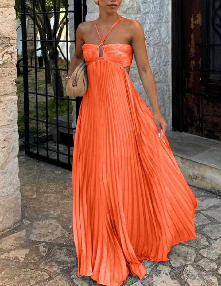 Ladies Back Tie Halter Pleated Beach Sundress