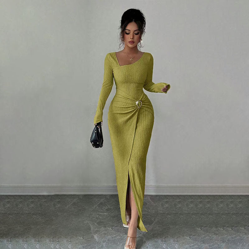 Asymmetrical neckline fitted slit dress